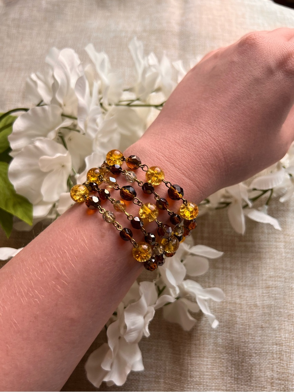 VINTAGE Gold Layered Boho Bracelet with Brown and Yellow Beads